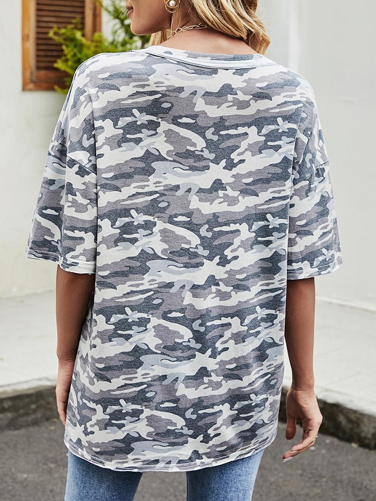 Fashion Women Camouflage Print T-shirt O Neck Short Sleeve Button Pocket Loose Casual Shirt Top