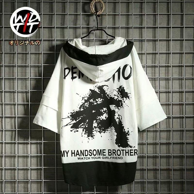Áo Hoodie Ngắn Tay Form Rộng In Họa Tiết Phong Cách Trung Hoa Dành Cho Nam 2 Màu