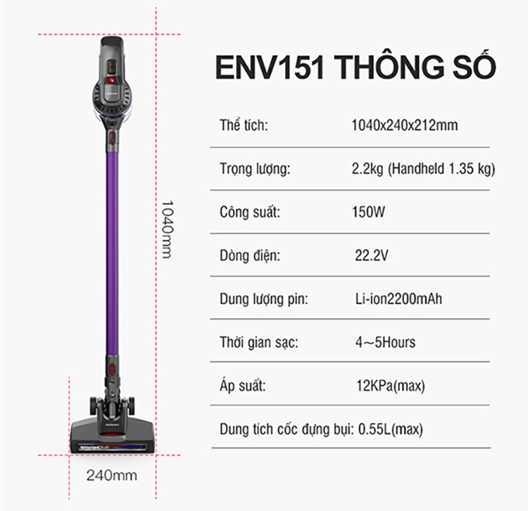 Máy Hút Bụi Không Dây Dùng Pin Sạc Lock&Lock ENV151  - Hàng Chính Hãng