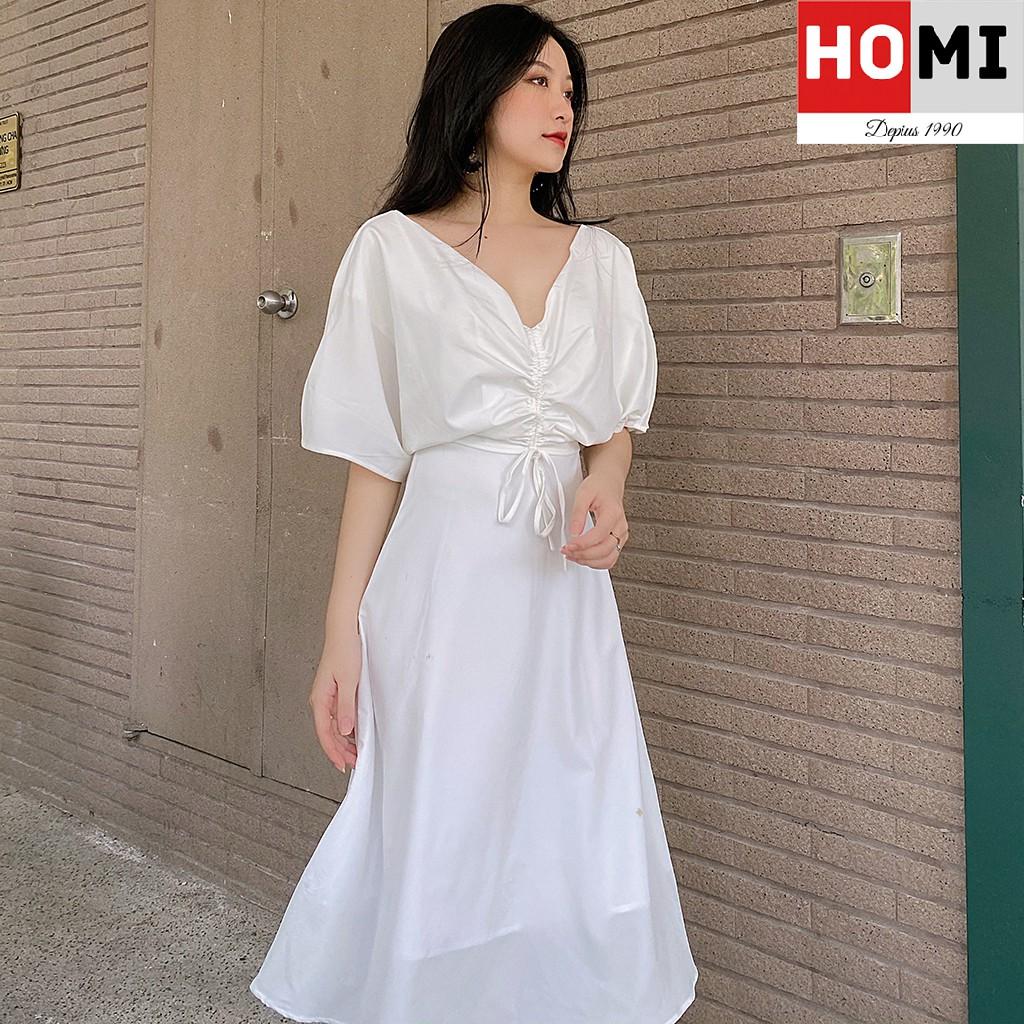 Váy Trắng Chữ A Cổ chữ V rút nhún ngực đầm dự tiệc cưới, dạo phố,HOMI Fashion