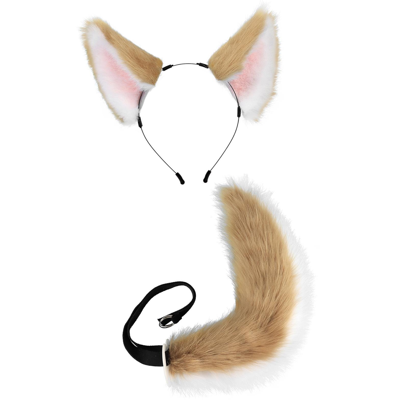 Ears and Long Tail Set Hair Hoop Cosplay Cat Ear Plush Wolf Ears Handmade Headdress Headwear for Performance Christmas Prom Party Adults