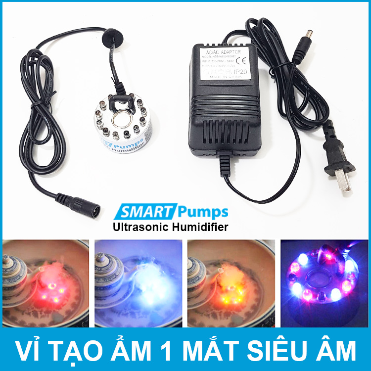 Vỉ tạo ẩm phun sương khói 1 mắt 12 đèn LED 24V 30W Smartpumps kèm nguồn điện chính hãng