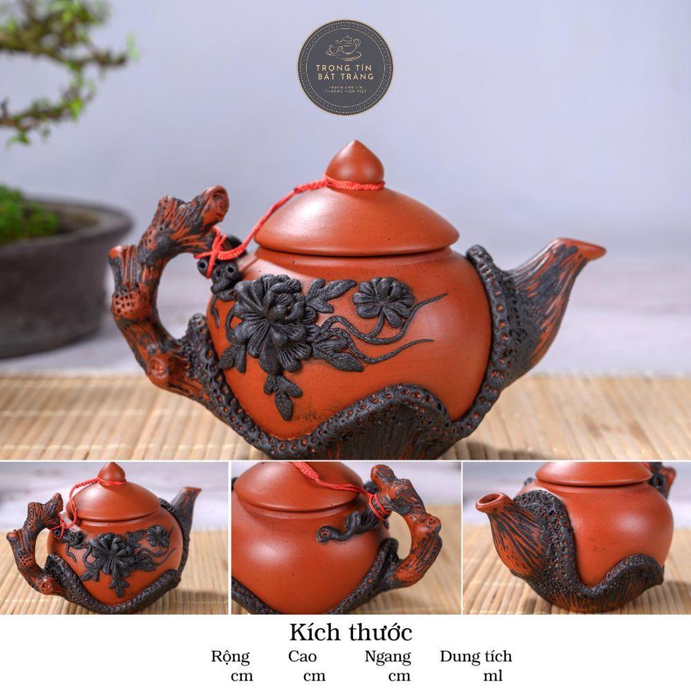 Bộ Ấm Chén Trà Đạo Gốm Tử Sa Bát Tràng Đắp Nổi Hoa Phù Dung Dáng Thủy Bình Dung Tích 400ml ATSML 02.3