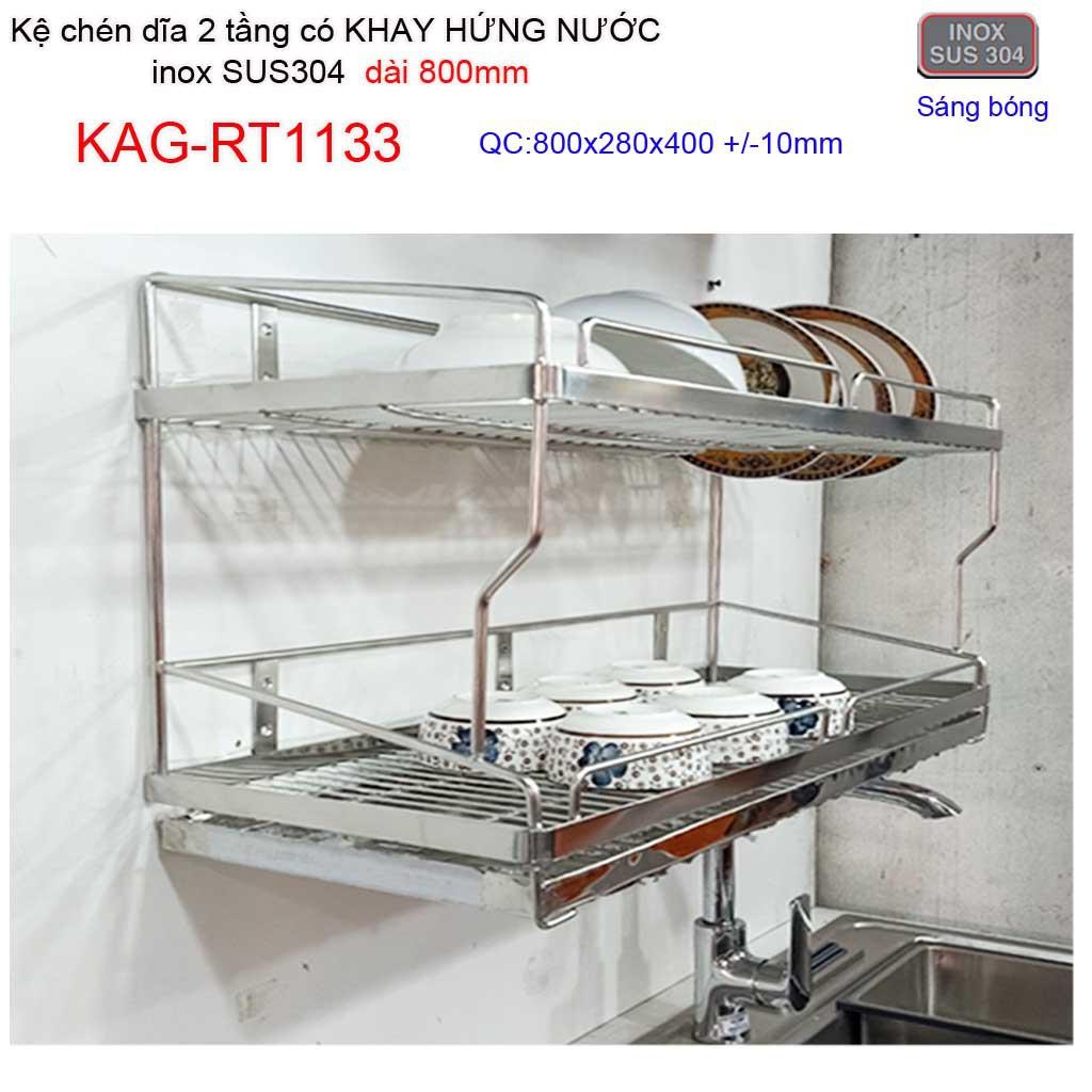 Kệ đựng chén bát có khay hứng nước inox sus304, kệ chén dĩa 2 tầng dài 80cm KAG-RT1133