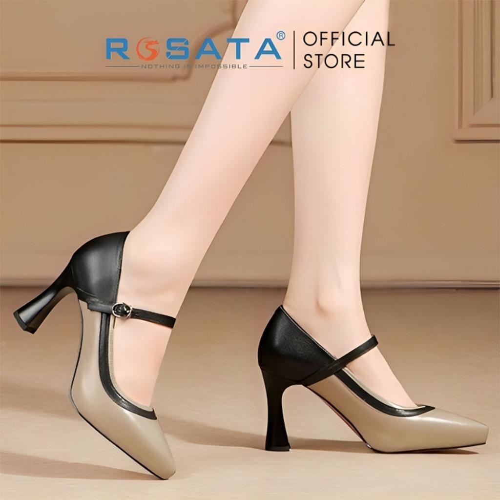 Giày cao gót nữ ROSATA RO593 mũi nhọn quai cài mảnh gót nhọn cao 9cm màu nâu đen xuất xứ Việt Nam - Nâu