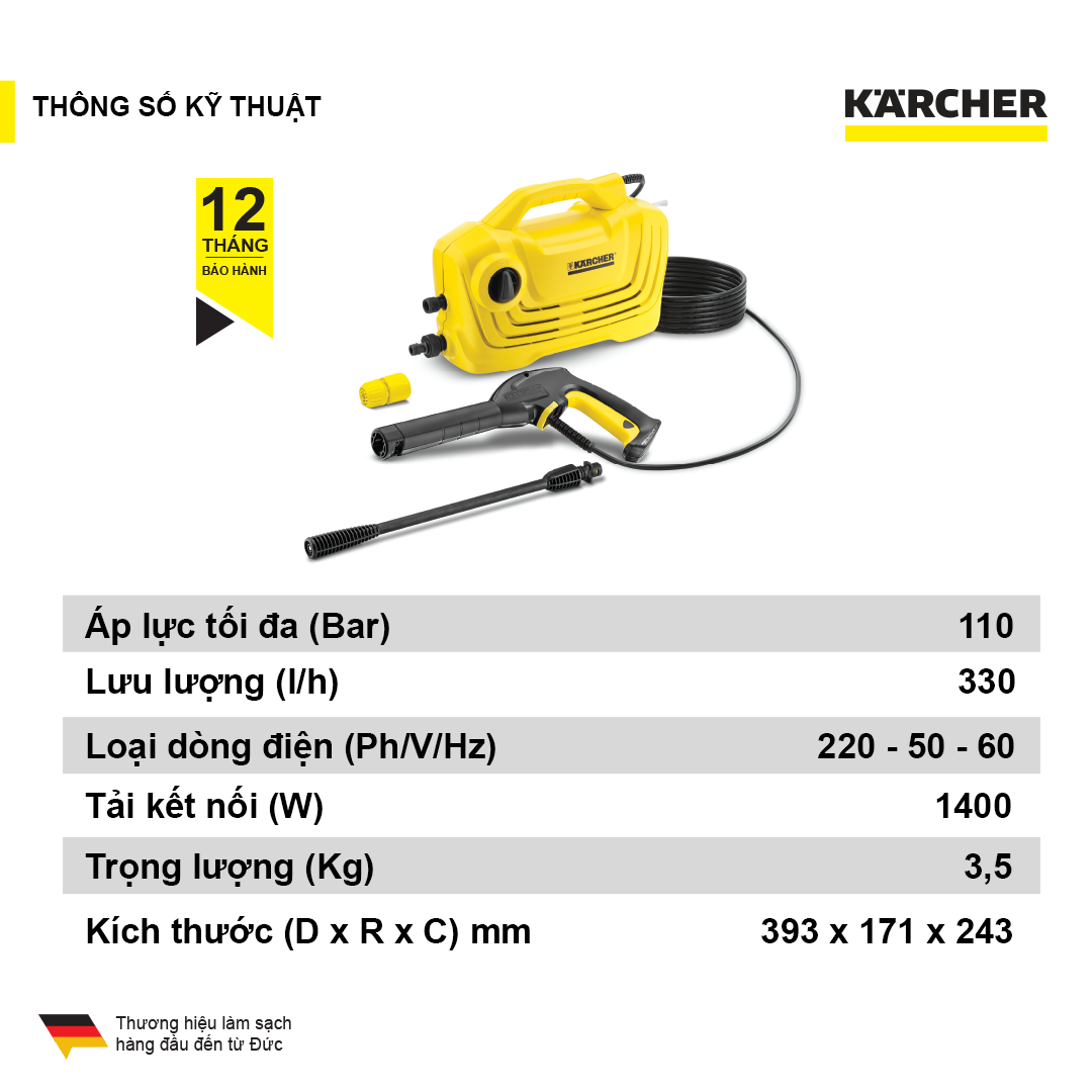 Combo Máy phun rửa áp lực cao Karcher K 2 Classic và dây cấp nước 1.5m