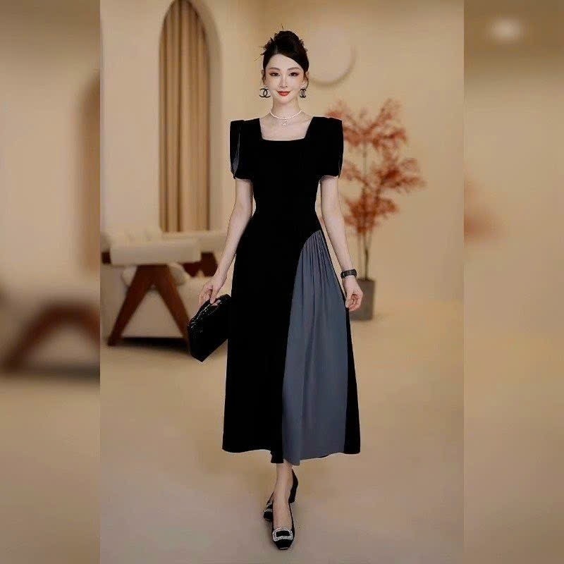 Đầm lụa xòe cổ chữ U phối màu