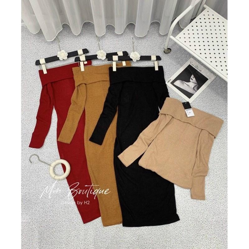 Đầm len đũa trễ vai ôm body 4 màu