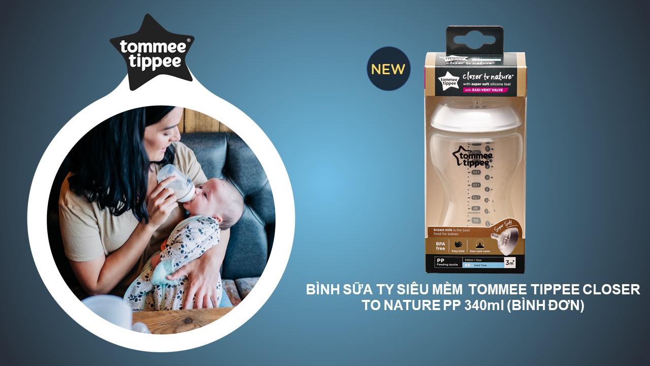 Bình sữa ty siêu mềm tự nhiên Tommee Tippee Closer to Nature 340ml, núm ty đi kèm 3-6 tháng