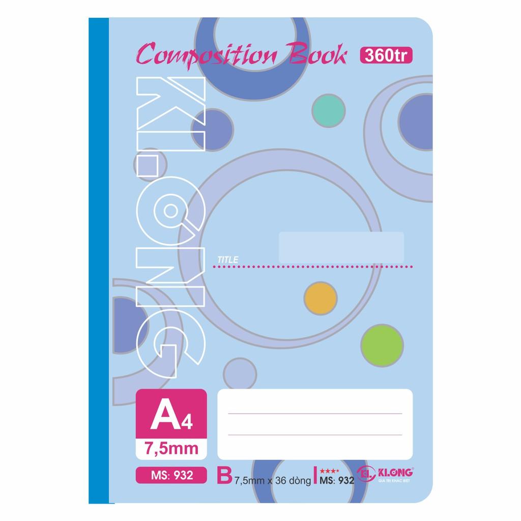 Sổ kẻ ngang may dán gáy Composition book KLONG A4 360 trang 58/92; MS: 932