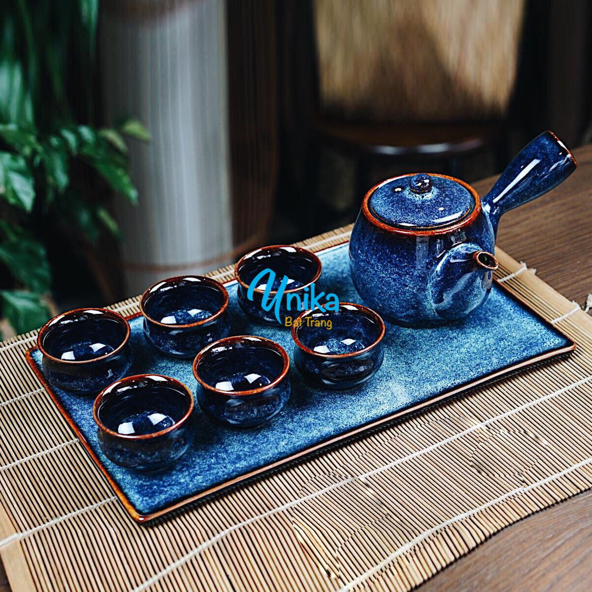 Ấm trà tay ngang men xanh hoả biến kiểu Nhật cao cấp - Ấm chén Bát Tràng