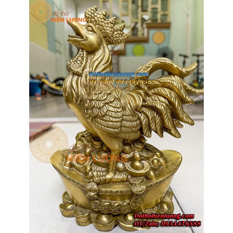 Tượng Gà Trống Đứng Bệ Thỏi Vàng Bằng Đồng Vàng Nguyên Chất Cao 23cm, Nặng 2kg Phong Thủy