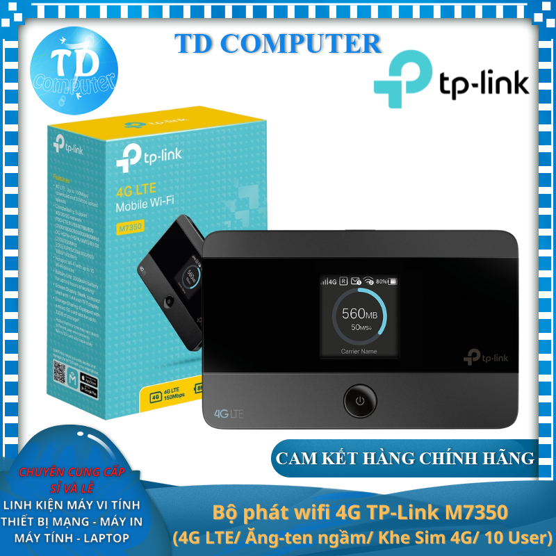 Bộ phát wifi 4G TP-Link M7350 (4G LTE/ Ăng-ten ngầm/ Khe Sim 4G/ 10 User) - Hàng chính hãng FPT phân phối