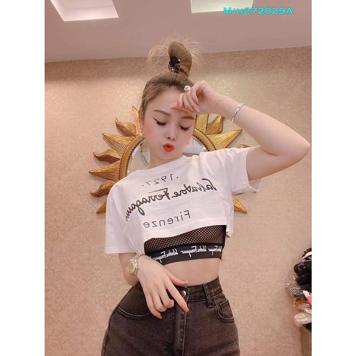 SET ÁO THUN CROPTOP KÈM BRA LƯỚI FORM RỘNG TAY LỠ - ÁO NHÓM CROP NGẮN TAY - Áo đen bra đen