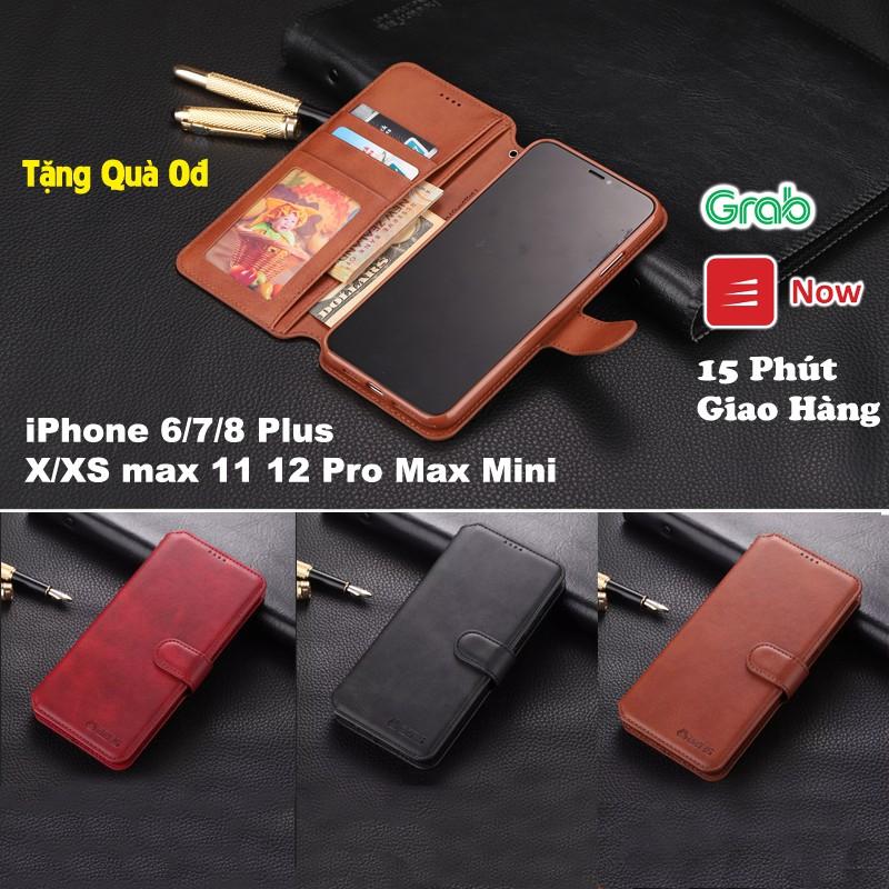 Bao da ốp lưng dành cho iphone 6 6s 7 8 se plus x xr xs max 11 12 13 mini pro max kèm ví da thật mềm mịn bền tốt azns