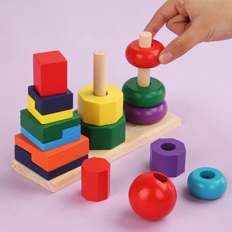 Bộ Giáo Cụ Montessori tháp xếp chồng 3 Cọc hình khối cho bé
