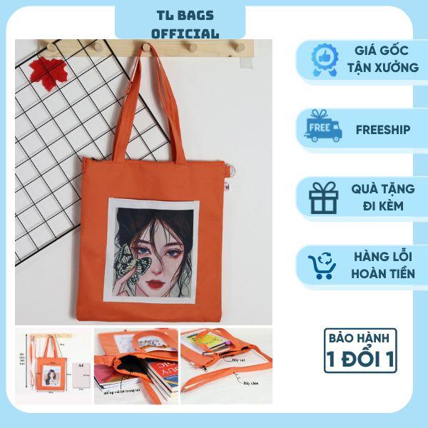 Túi Tote, Túi Vải Unisex , Màu Cam Form Vuông, In Hình Họa Tiết Cô Gái Xinh Xắn,Phong Cách Hàn Quốc