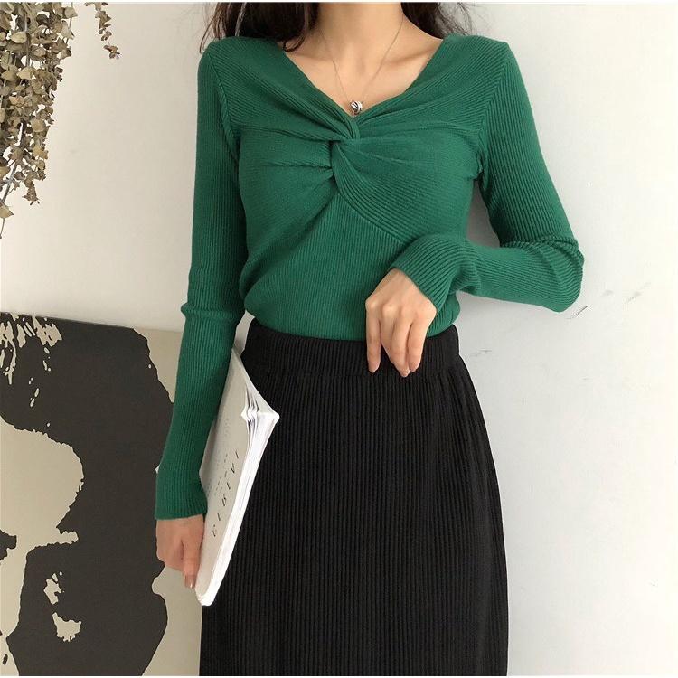 MS350 Áo len tăm nữ xoắn ngực dài tay