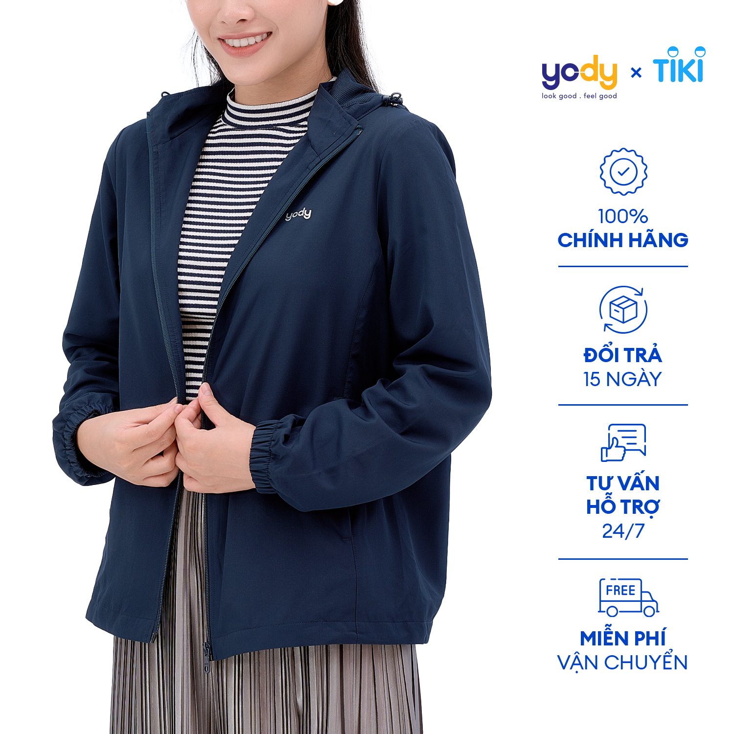 Áo Gió Nữ YODY trượt nước thông minh, gấp gọn, mũ có thể tháo rời AKN5042