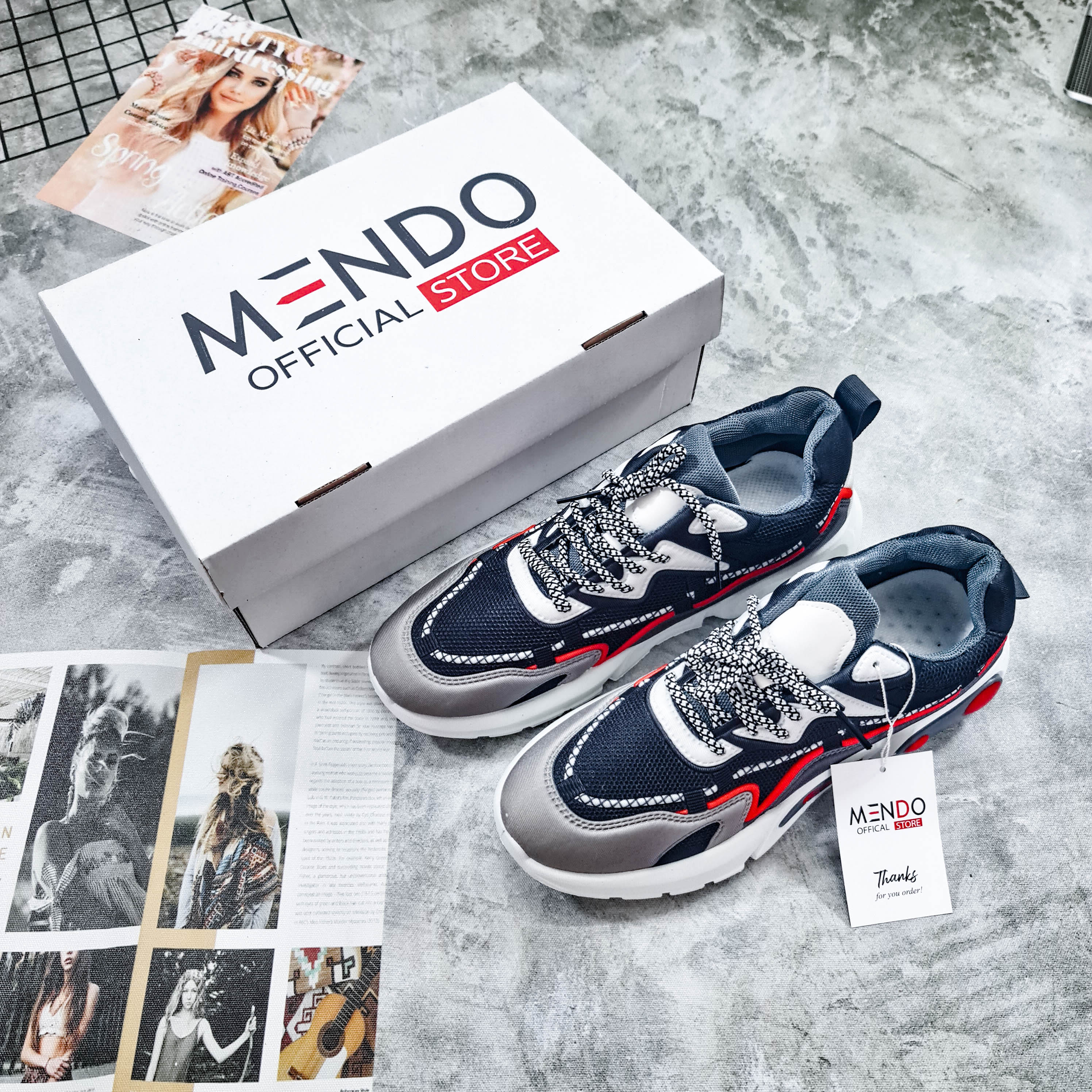 Giày Thể Thao Nam MENDO - Giày Sneaker Màu Đen - Đen Đỏ , Giày Thể Thao Dệt Kim, Nhẹ Nhàng, Êm Ái - G5090