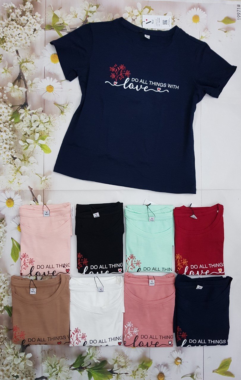 Áo Thun Ngắn Tay, Áo Phông Cộc Tay Nữ Vicci AP.01.2 chất liệu cotton vân gỗ phối hoạ tiết chữ Love