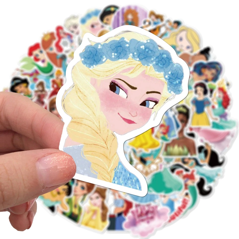 Bộ sticker chông chúa Disney Princess trang trí mũ bảo hiểm, laptop, ván trượt, sổ tay, note book, laptop