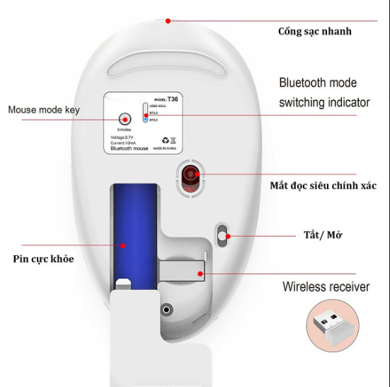 Chuột Bluetooth T36 Ba Chế Độ Bluetooth 3.0 + 5.0 + 2.4G Chuột Không Dây Thiết Kế Không Gây Ồn 1600 DPI Quang Có Thể Sạc Lại Chuột Cho PC Máy Tính