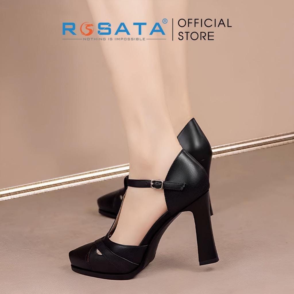 Giày cao gót nữ đế vuông 8 phân mũi nhọn quai hậu khóa cài ROSATA RO621 - KEM