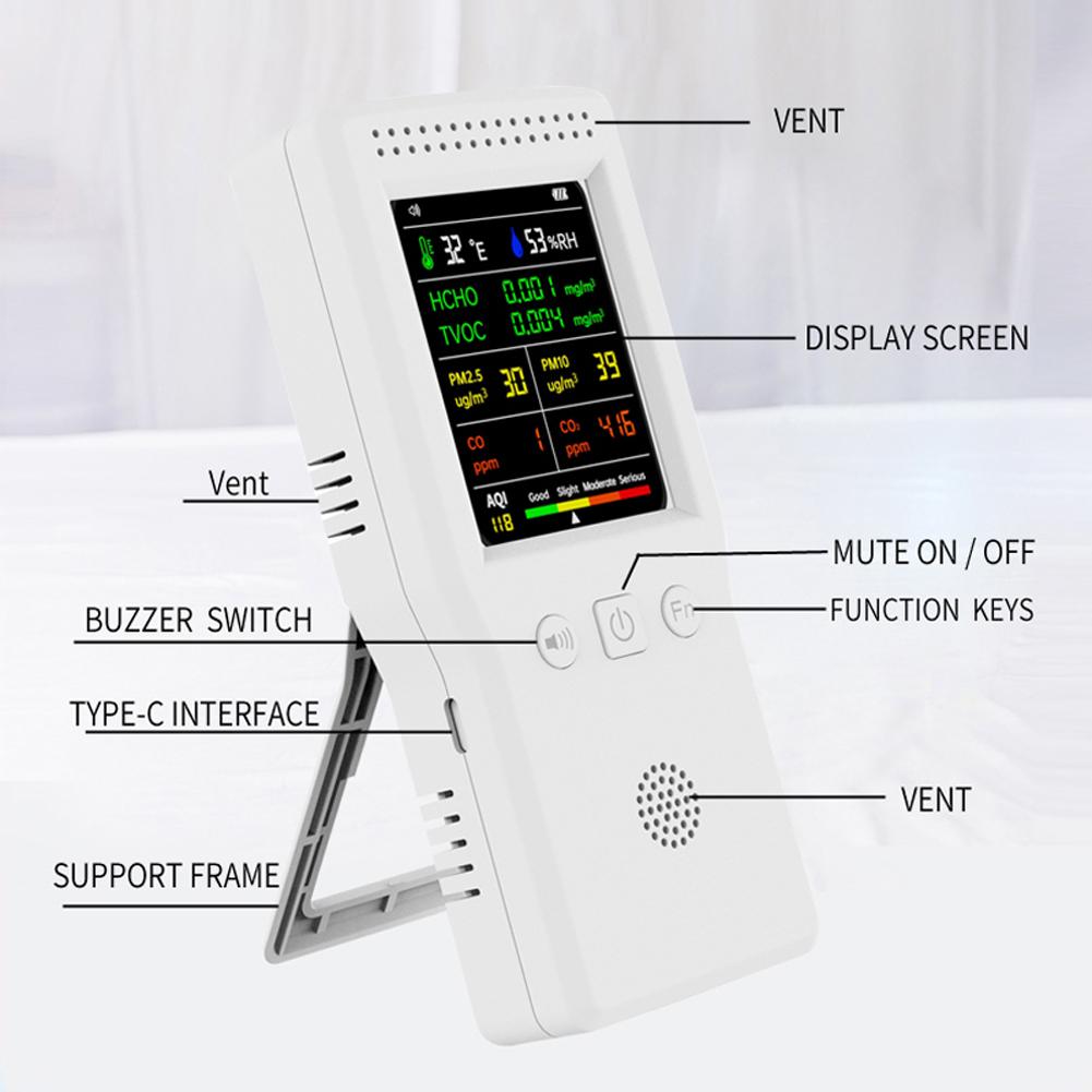Máy Dò Chất Lượng Không Khí Di Động Cầm Tay Nhiệt Độ 9 Trong 1 Độ Ẩm PM2.5 PM10 HCHO TVOC CO CO2 AQI Máy Dò Chất Lượng Không Khí Đa Chức Năng Màn Hình Màu LCD Có Đèn Nền