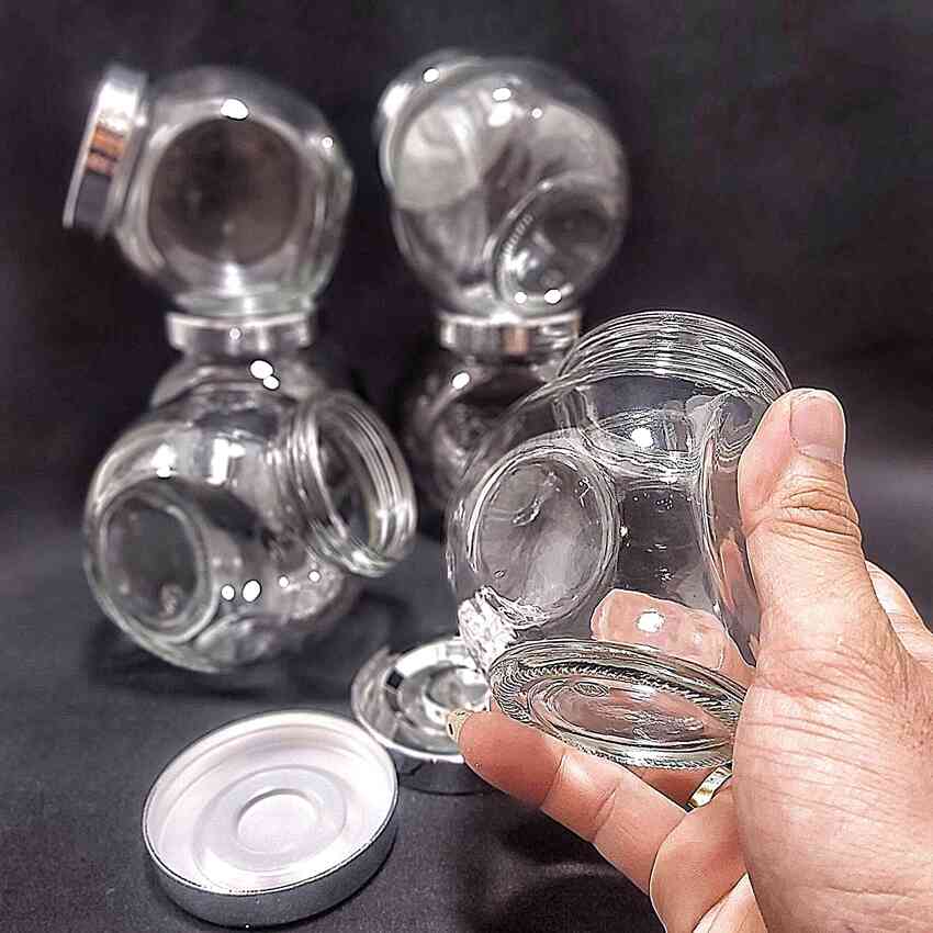 Hũ đựng gia vị đẹp 380ml mẫu Tròn Dẹt kiểu Nghiêng 2 đáy - Nắp nhựa màu bạc - Hũ thủy tinh đựng mứt kẹo, mật ong, sữa ong chúa, thực phẩm, mỹ phẩm