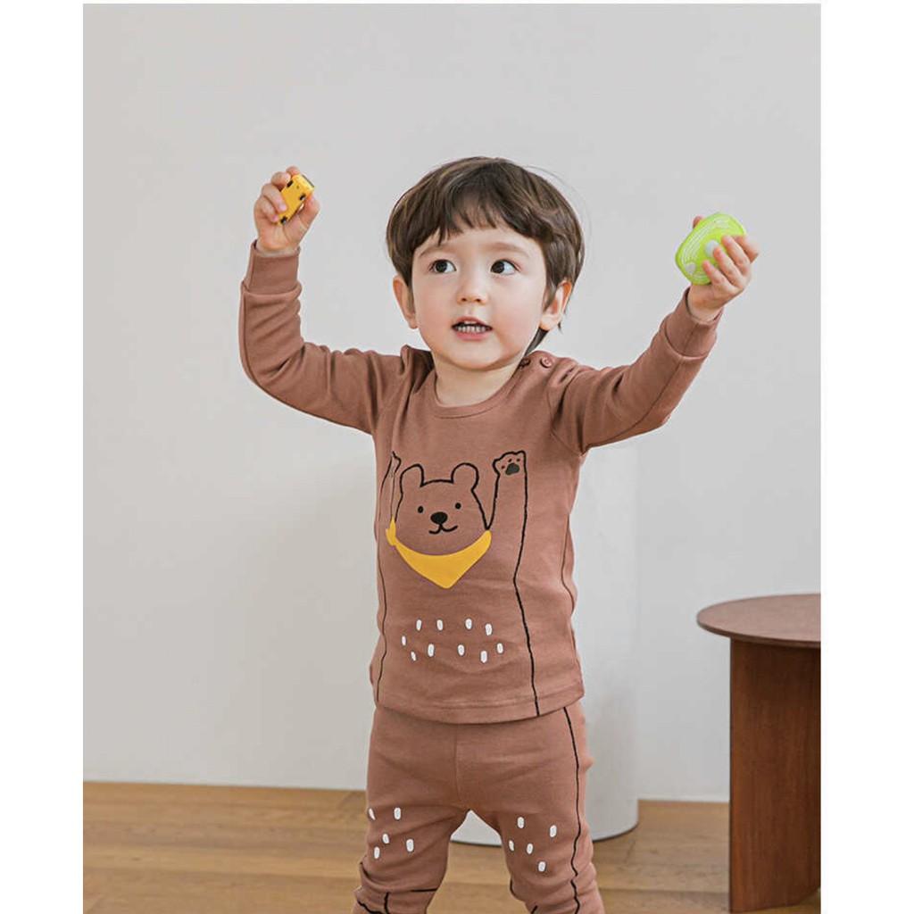 ĐỒ BỘ DÀI TAY CAO CẤP TRẺ EM NỘI ĐỊA HÀN, CHẤT THUN COTTON ORGANIC, MẪU GẤU NÂU