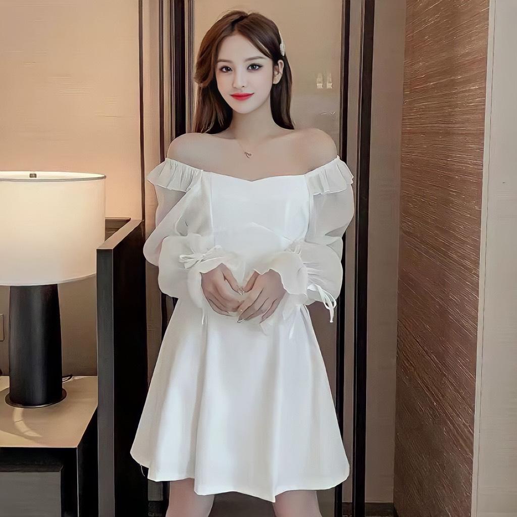 Đầm xòe cổ vuông đan eo dài tay
