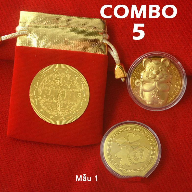 Trọn bộ 05 đồng xu con cọp + túi gấm nhung 2022 sang trọng đem lại tài lộc, sức mạnh, thuận lợi Nhâm Dần - mẫu 1