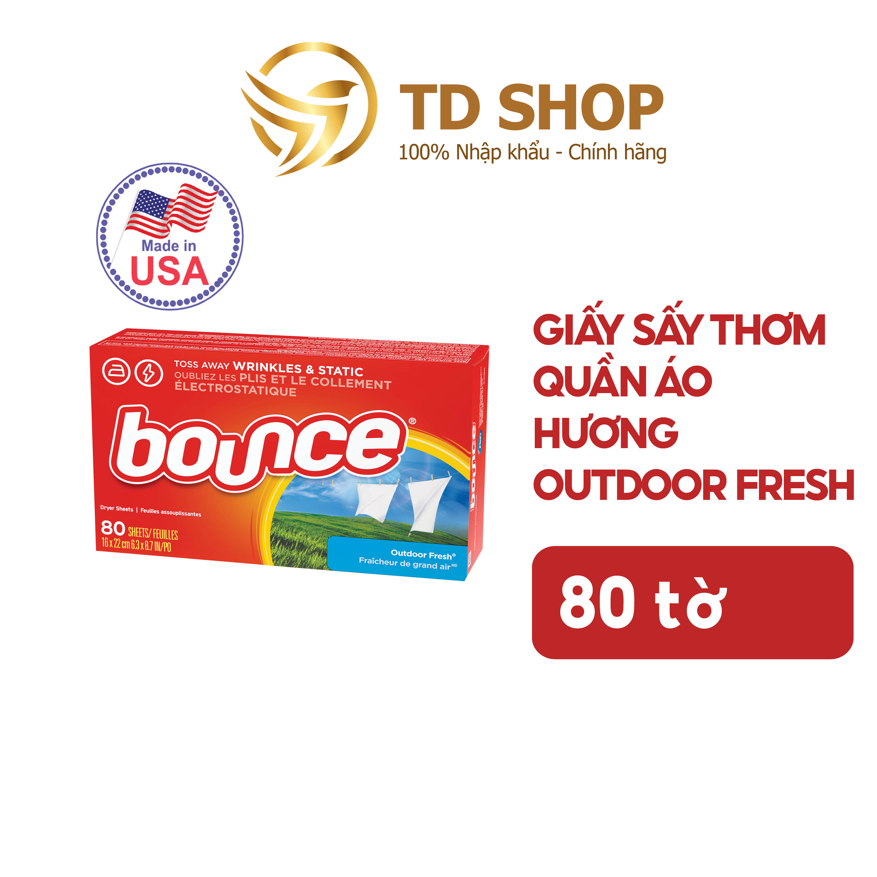 [NK Mỹ] Giấy sấy thơm quần áo Bounce Sheets Outdoor Fresh 80 tờ - TD Shop