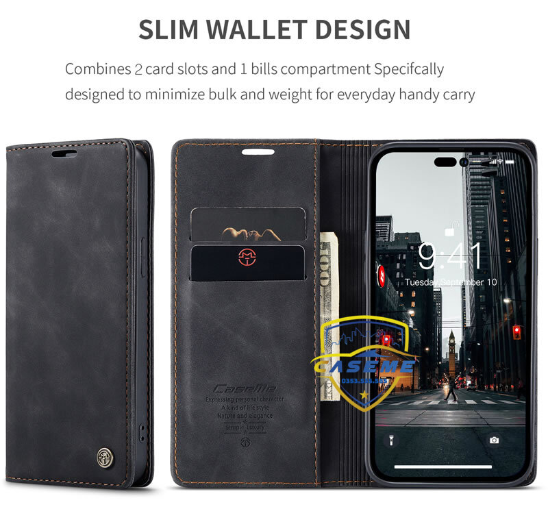 Bao da bò thật dạng ví dành cho iPhone 14 Pro Max Caseme - Hàng Nhập Khẩu