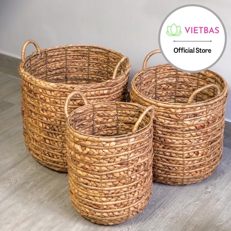Giỏ lục bình đan xương cá VIETBAS tròn có quai MAU63