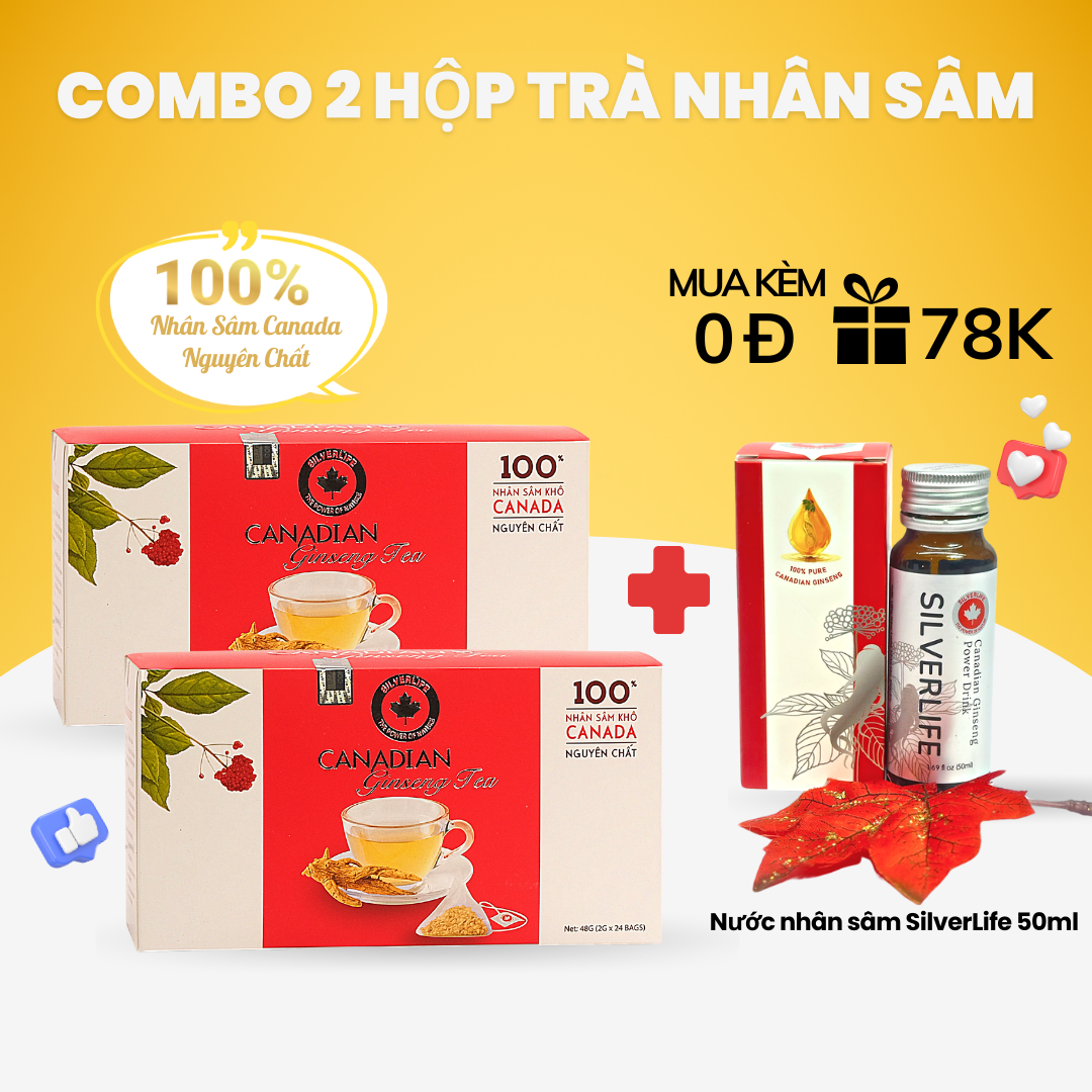 Combo 2 hộp trà nhân sâm Canada SilverLife 48gram tặng 1 chai nước nhân sâm 50ml | 100% nhân sâm Canada nguyên chất