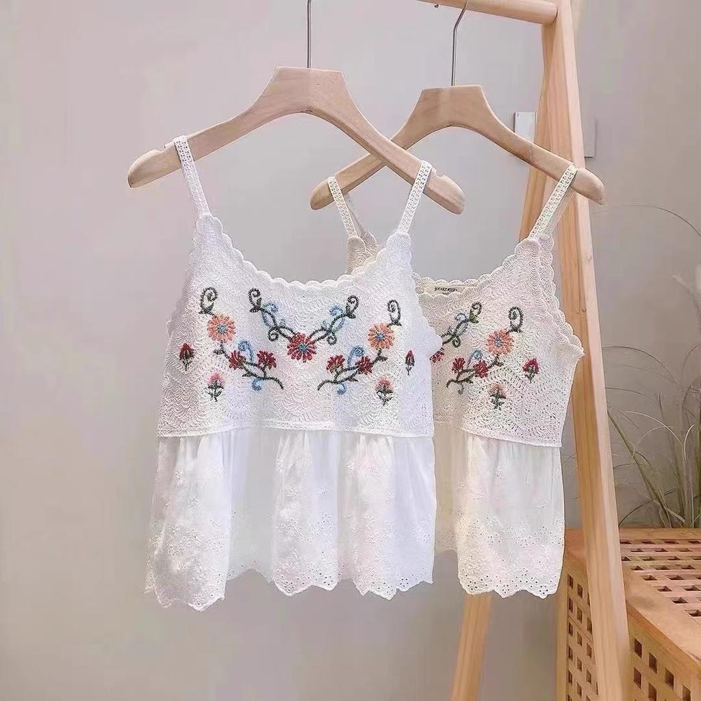 MS602 Áo hai dây kiểu đan móc thêu hoa xoè