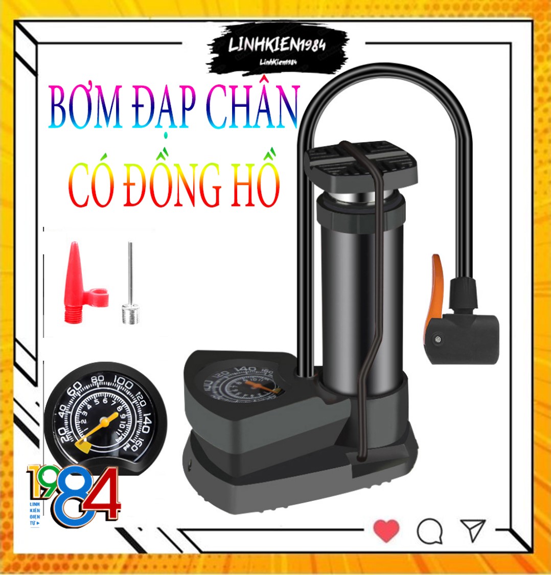 Bơm Mini Đạp Chân Bơm xe máy xe đạp ,ô tô, có đồng hồ áp suất thiết kế nhỏ gọn chuyên dụng