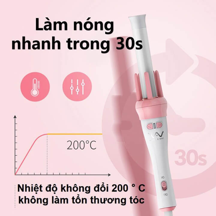 Máy uốn tóc xoăn tự động xoay 360 độ phủ gốm sứ trục 28mm, 3 mức chỉnh nhiệt an toàn