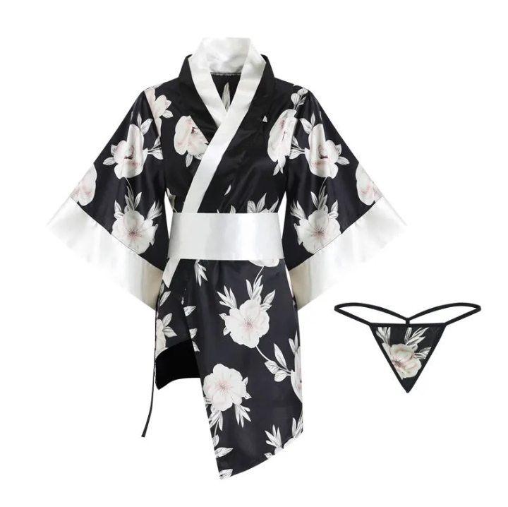 Áo choàng ngủ kimono lụa hoa anh đào kèm quần lọt khe gợi cảm sexy sang trọng freesize