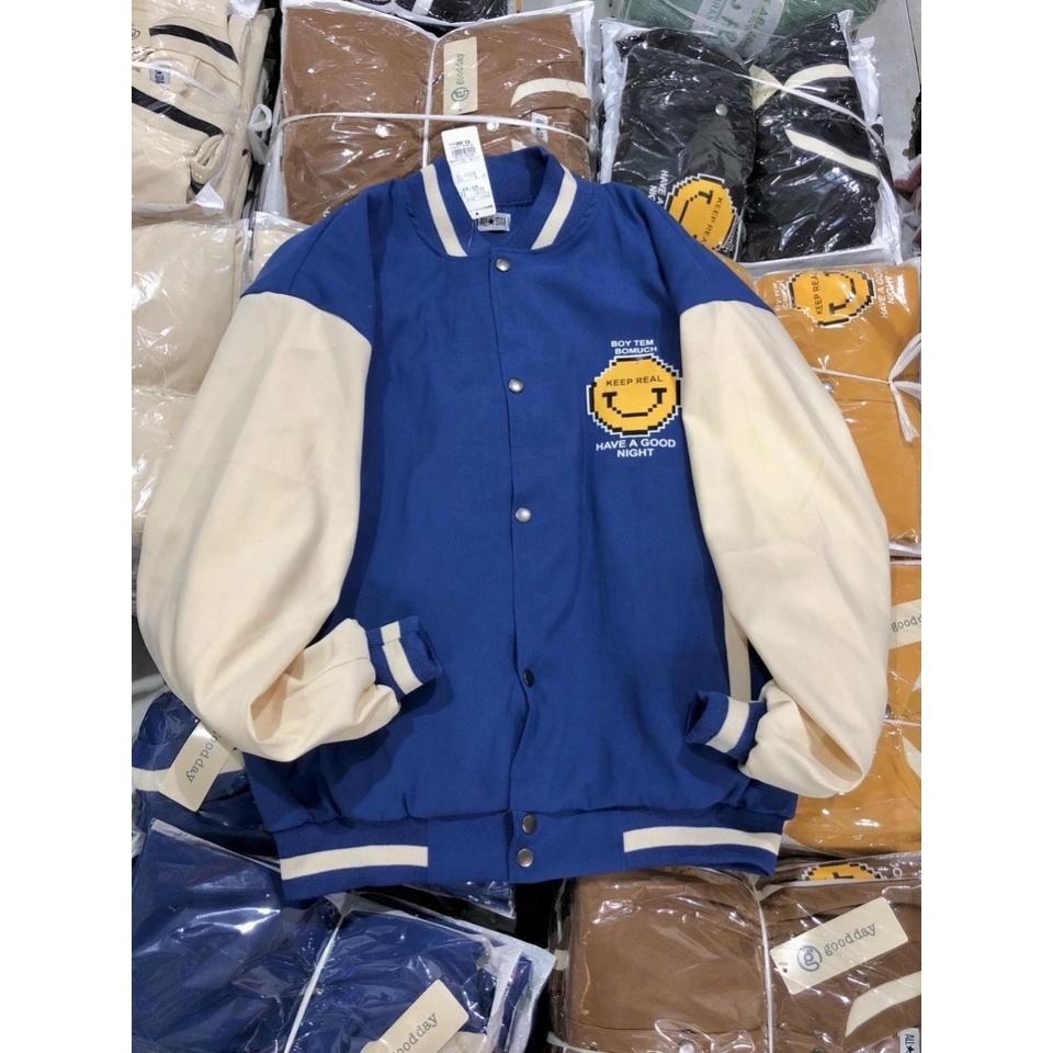 Áo khoác Bomber nhung Da Lộn 2 Lớp Hình Mặt Cười unisex Hottrend