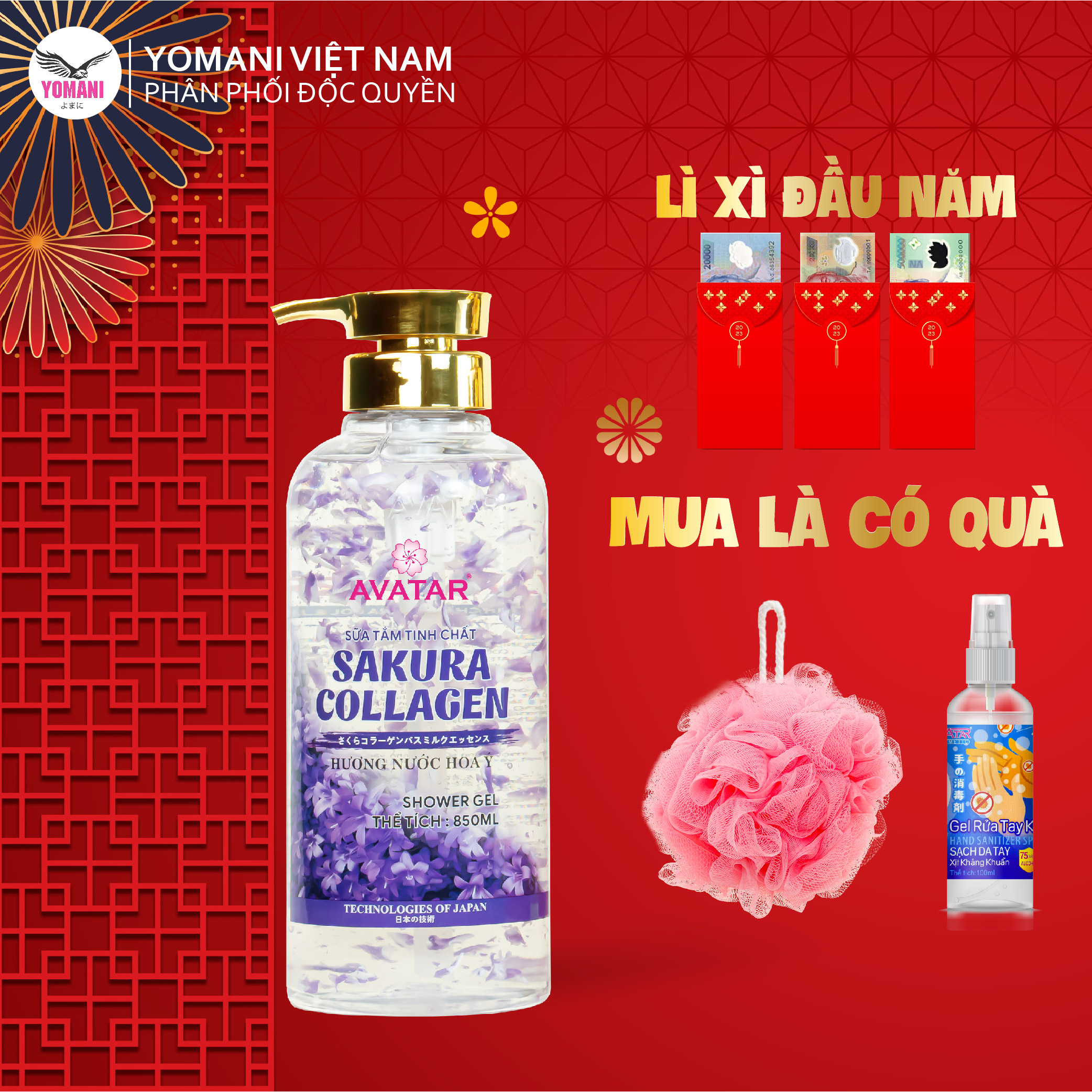 Sữa Tắm Sakura Avatar Tinh Chất Collagen Hương Nước Hoa Ý Phục Hồi Da , Chống Lão Hóa, Trắng Da 850ml (Hoa Tím)