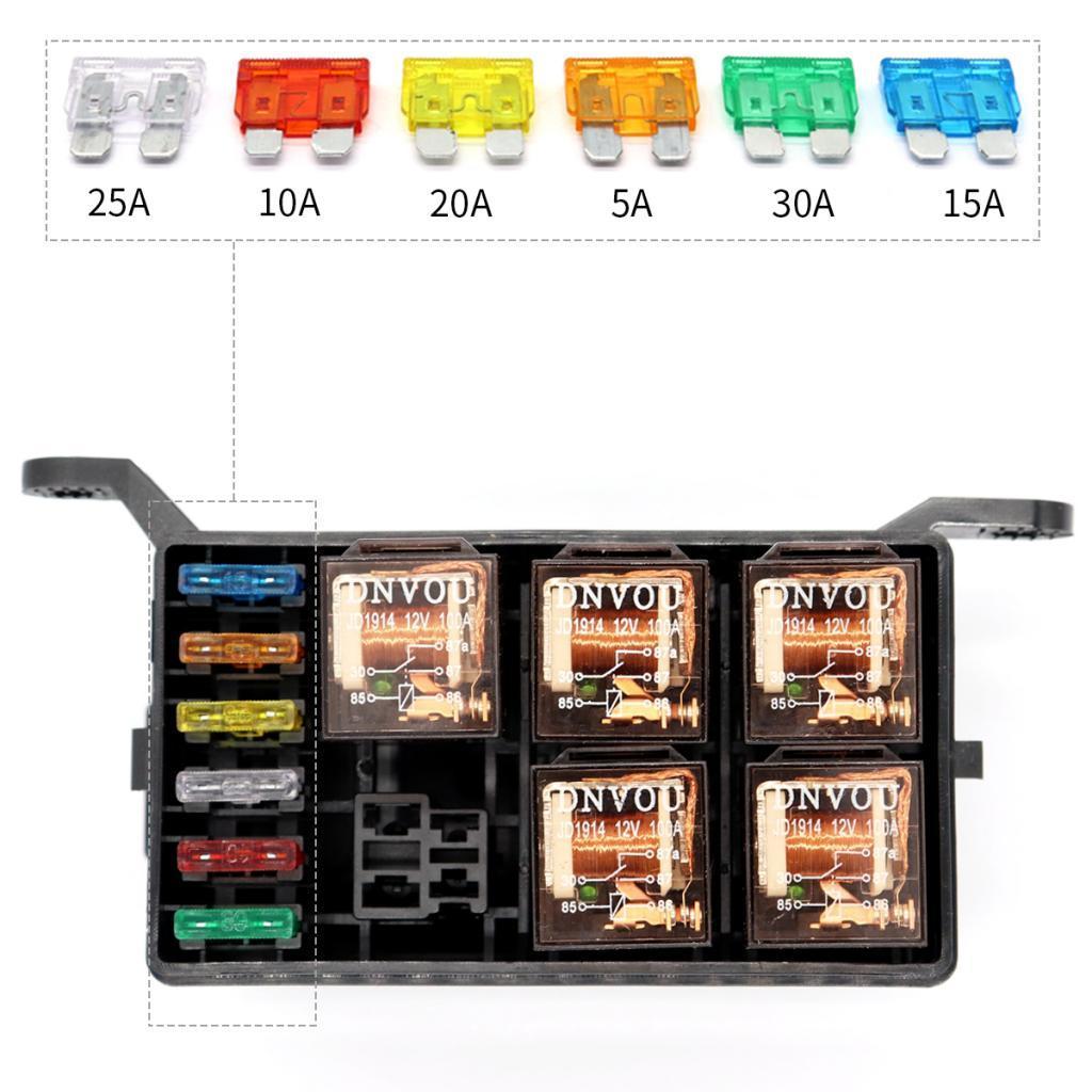6 Way Fuses Block Relay Holder with Terminals+4Pin 40A Relay+5pcs 5Pin 100A Relays