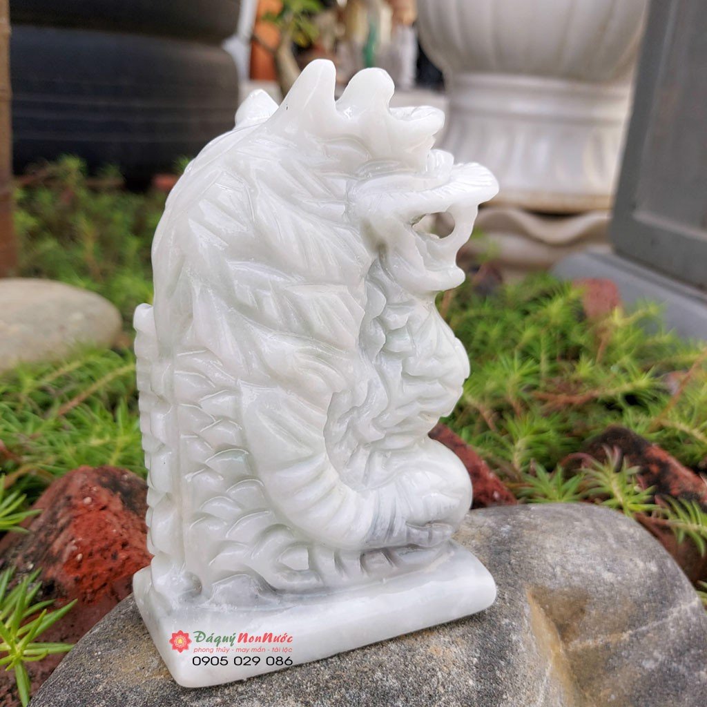 Tượng rồng đá tuổi thìn 12 con giáp phong thủy đá trắng xanh 12cm đá Non Nước