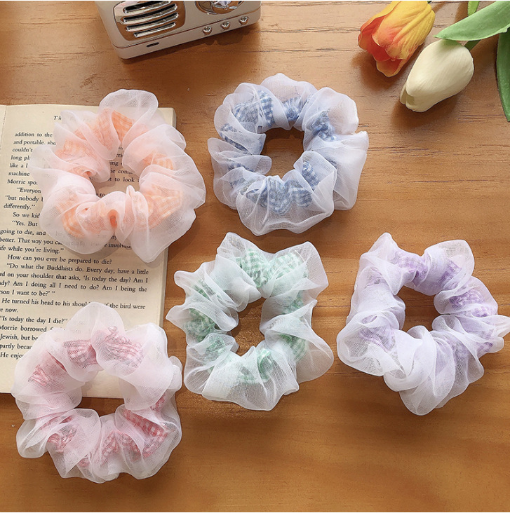 Dây buộc tóc Scrunchies 2 lớp kẻ và voan dễ thương HD97