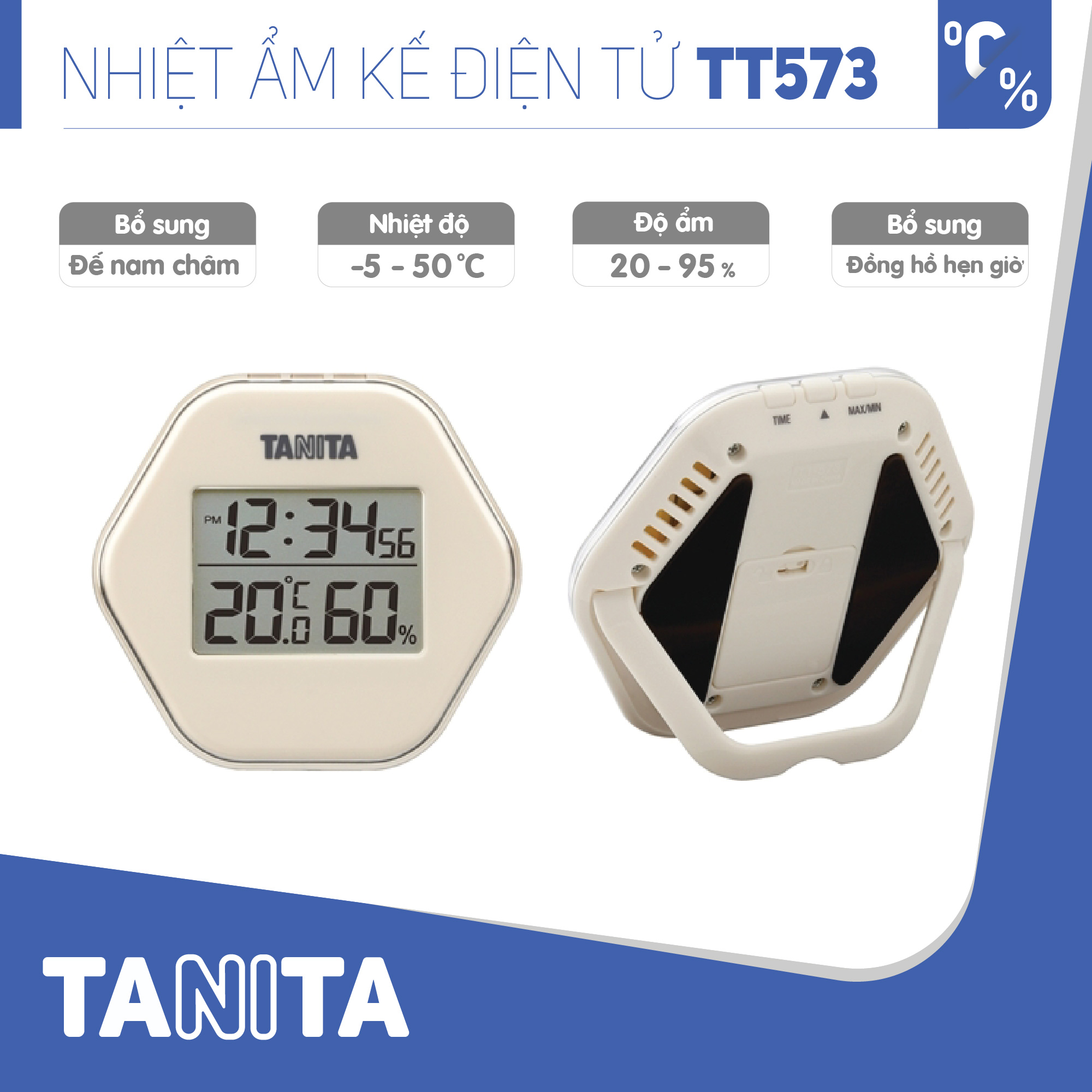 Nhiệt ẩm kế điện tử TANITA TT573 chính hãng nhật bản,thiết bị đo độ ẩm nhiệt độ chính xác,màn hình rõ ràng,hiển thị ngày giờ chuông báo thức,có lỗ treo,chân để bàn phù hợp trong phòng lạnh, bệnh viện, gia đình có trẻ sơ sinh