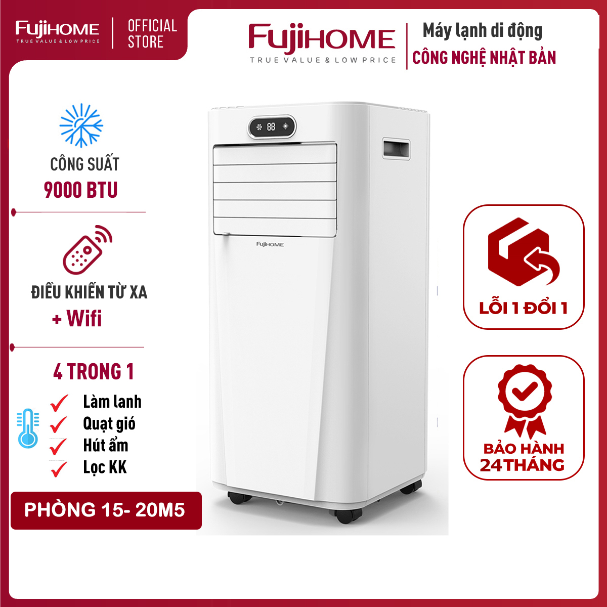 Điều hòa di động 9000 BTU-14.000 BTU FUJIHOME, máy lạnh đứng di động mini 4 chức năng, làm lanh, hút ẩm, lọc không khí, quạt điều khiển qua App, không cần lắp đặt - Hàng chính hãng