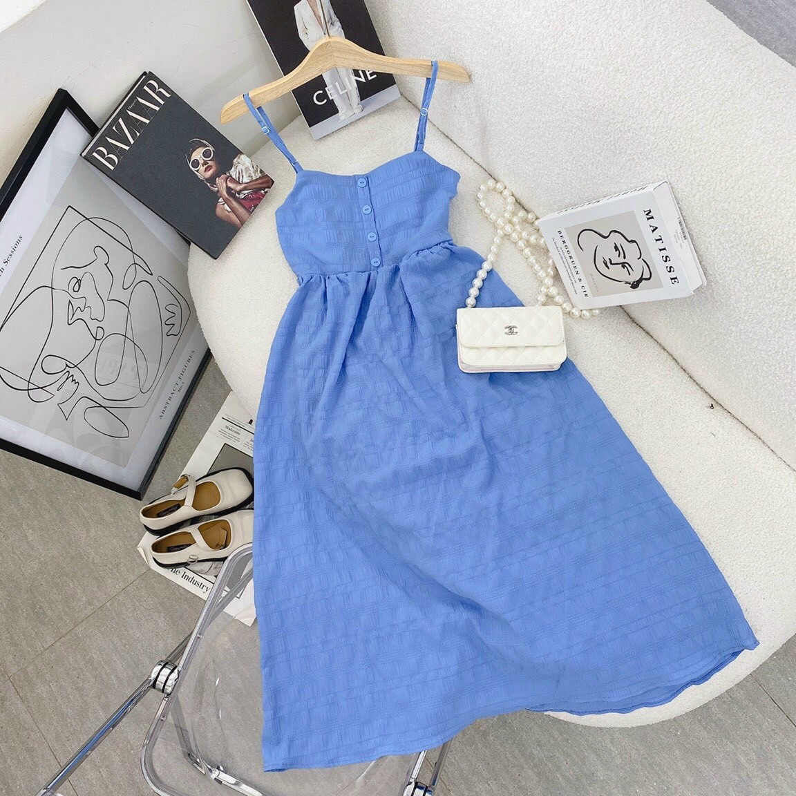 Đầm 2 dây màu xanh dương dáng xòe, Đầm maxi 2 dây dài đi biển Cao Cấp đính nút ngực, nữ tính quyến rũ MiNhi