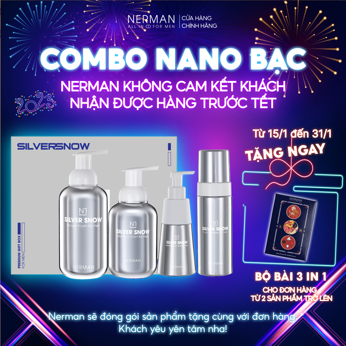 Combo Nano bạc Nerman - 4 sản phẩm tạo bọt - Sữa tắm tạo bọt &amp; Dung dịch vệ sinh tạo bọt &amp; Sữa rửa mặt tạo bọt &amp;Dầu gội tạo bọt